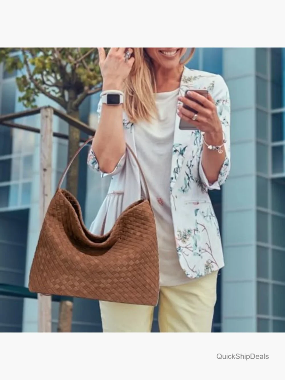 Woven Suede Hobo Bag with Leather Crossbody Strap for Work Travel